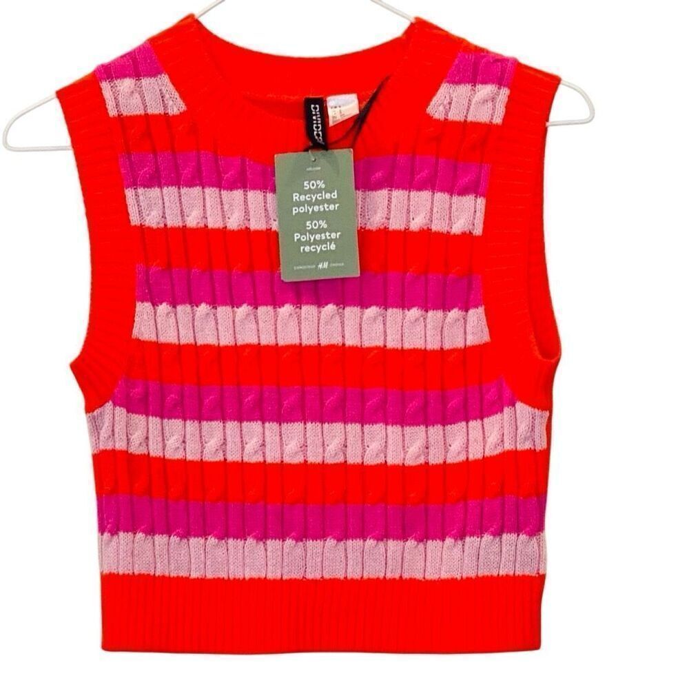 NWT H&M Divided Stripe Cable Knit Cropped Vest Sweater Orange Pink Size Small